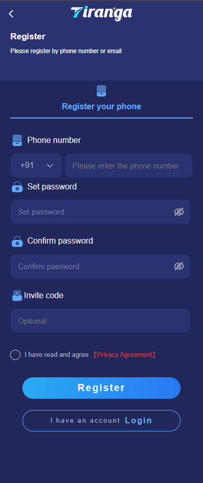 Tiranga Register Screen